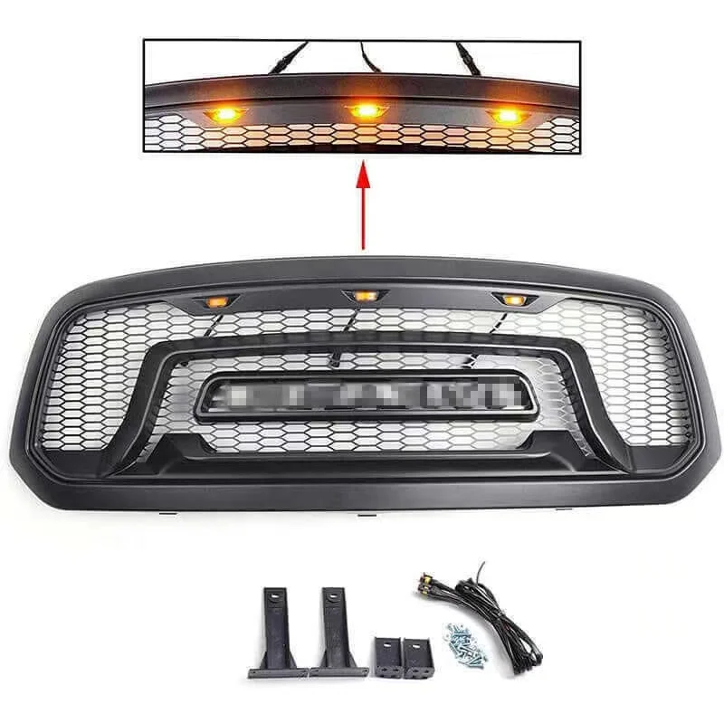 グリル Fits 2013-2018ラム1500 / 19-20ラム1500クラシックアッパーステンレスブラックメッシュグリル Fits 2013-2018 Ram 1500/19-20 Ram 1500 Class USグリル 2013-2018ラム1500リベットスタッドブラックメッシュグリル