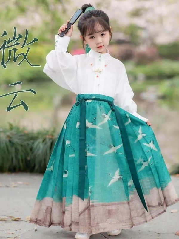 

Girl Improved Green Crane Print Hanfu Tang Suit Original Han Elegant Fairy Chinese Style Daily Horse Face Skirt