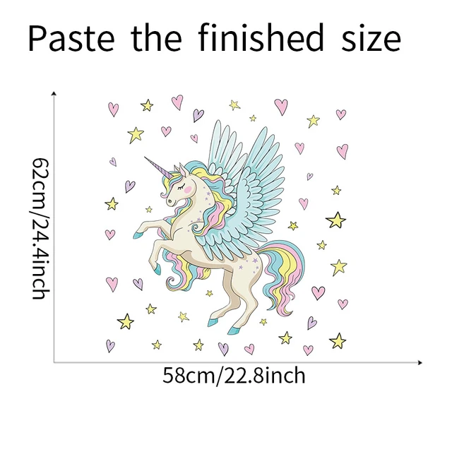 Cartoon unicorno colorato con ali a forma di cuore adesivi murali a forma  di stella per