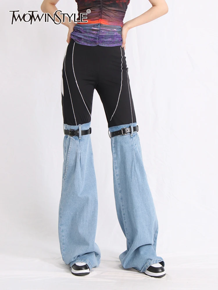 

TWOTWINSTYLE Spliced Denim Pants For Women High Waist Hit Color Patchwork Belt Wide Leg Flare Pant Female Fashion Clothing 2023