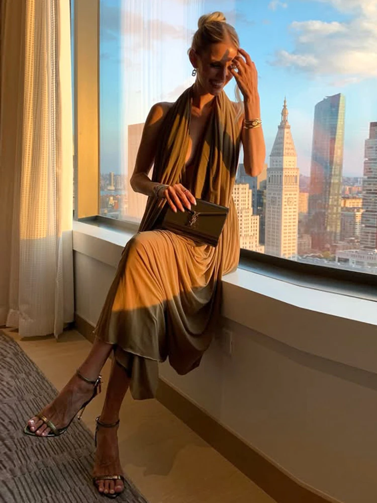 Nibber Ruched Halter Maxi Dress Women Sleeveless Backless Irregular Hem Solid Vacation Classic Basis Prom Party Elegant Vestidos