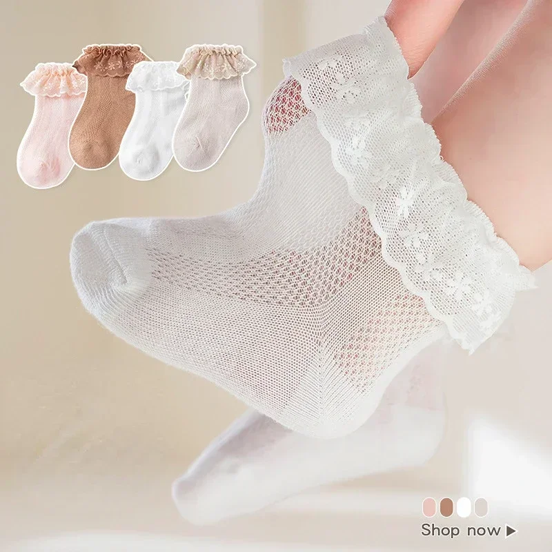 Korean Baby Ruffle Socks Solid Color Cotton Breathable Mesh Socks for Baby Girls Newborn Infant Toddler Kids Socks 0-8years Old