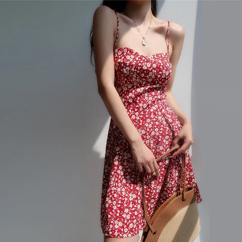 

Women Sexy Spaghetti Strap Backless Slim Sweet Dresses 2024 Summer Vintage Fashion Floral Print Sleeveless Y2K Beach Mini Dress
