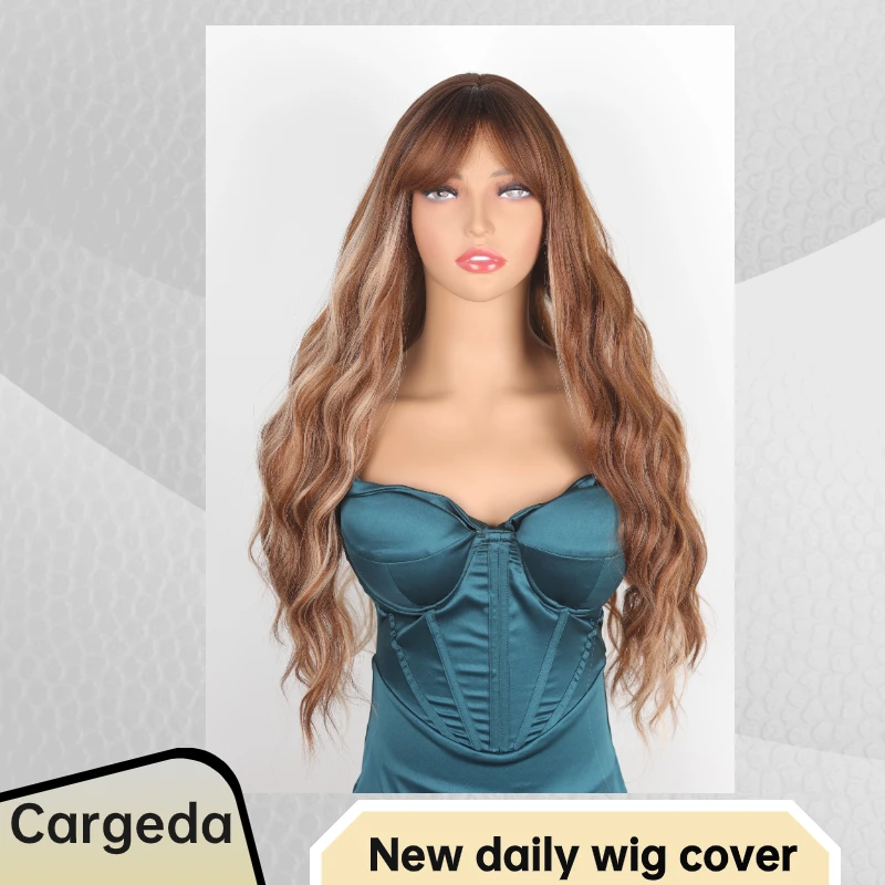 Synthetic Wig For Women Daily With Bangs Long Wavy Hair Fashionable Wig Brown Wig Set High Temperature Silk Head Cover