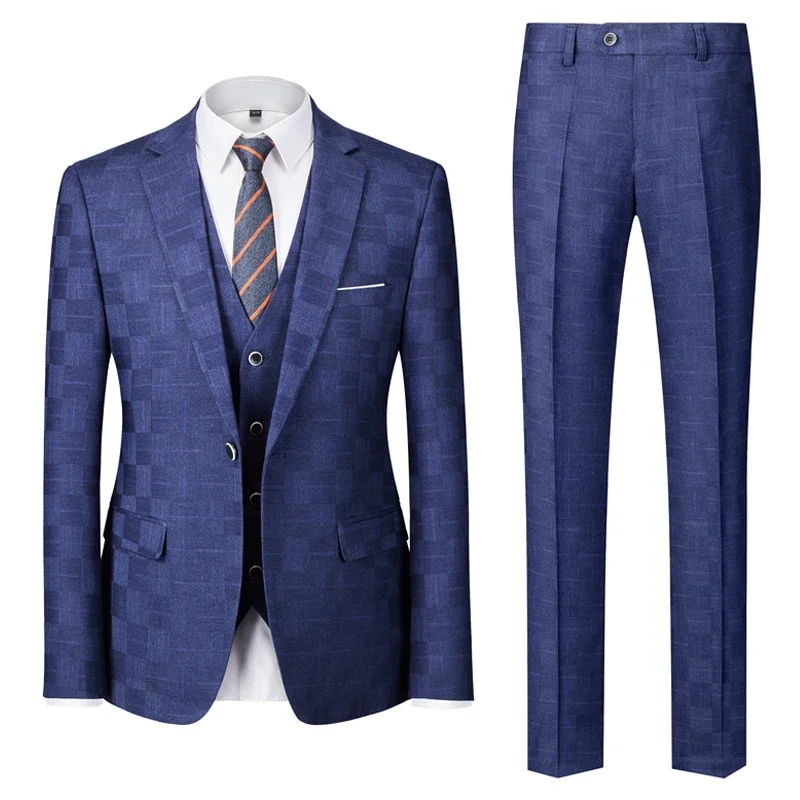 

New (Blazer+ Vest + Pants) Men's Fashion Gentleman Business Casual Trend British Style Wedding Slim-fit Plaid Host Dress Suit