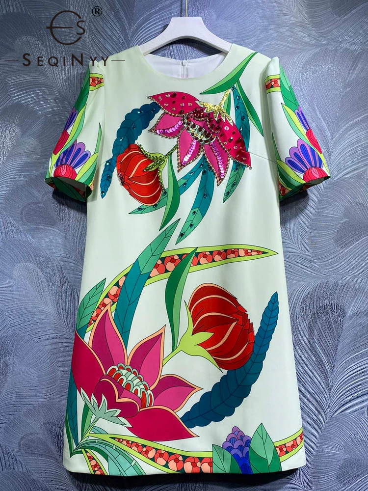 

SEQINYY Casual Mini Dress Summer Spring New Fashion Design Women Runway High Street Vintage Colorful Flowers Print Elegant