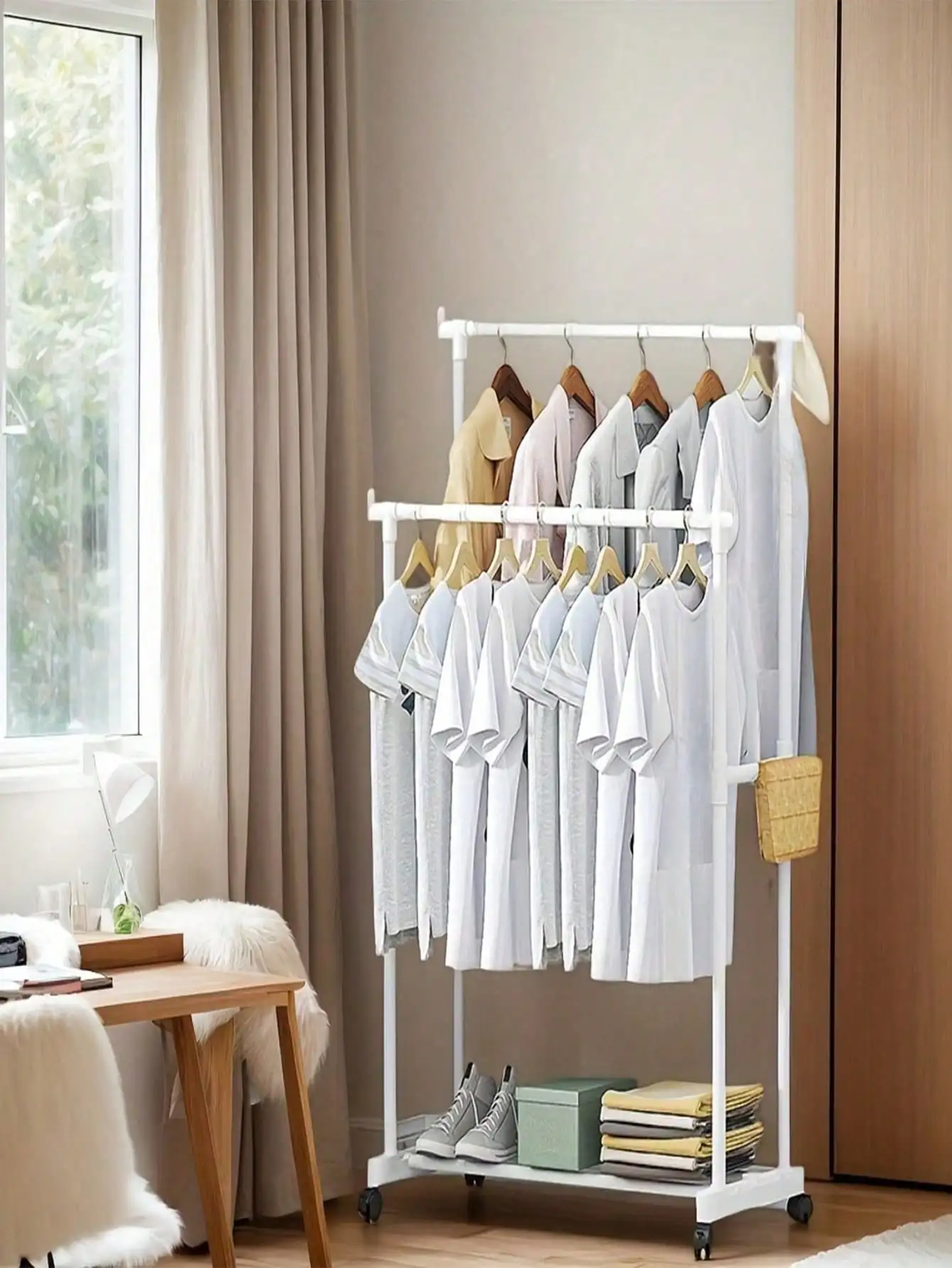 Coat Rack With Wheels Adjustable Single Double Rod Natural Unprocessed Indoor Home Bedroom Laundry Clothes Drying Hanger