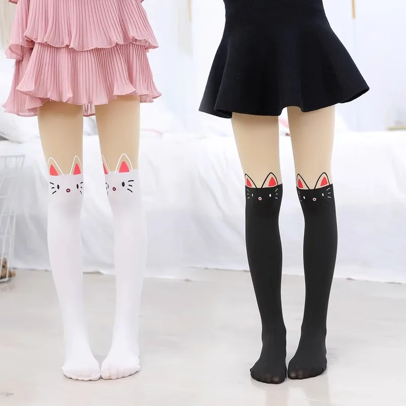 3-15Y Sweet Baby girl Kawaii tights kitten Cartoon Printed Princess Kids Pantyhose Cat Stripe Knee lovely Tattoo dance Stockings kids pantyhose ballet tights toddler tights
