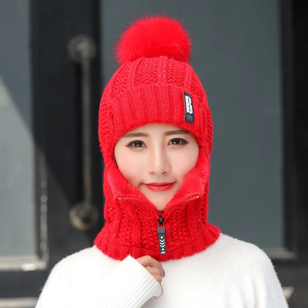 Women Wool Knitted Hat Ski Hat Sets Windproof Winter Outdoor Knit