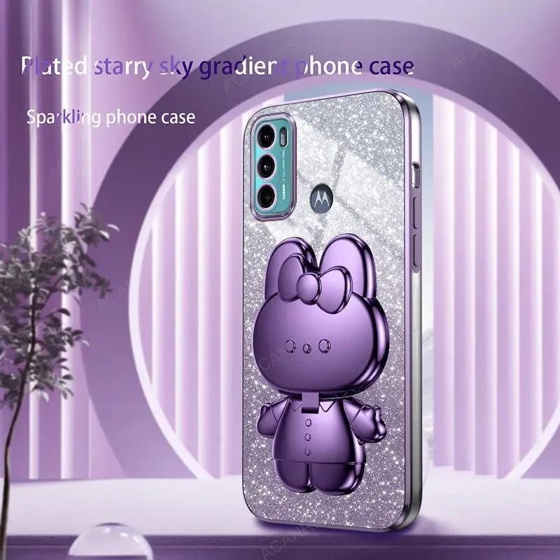 Charming 3D Rabbit Makeup Mirror Stand Plating Phone Case - Protective Cover