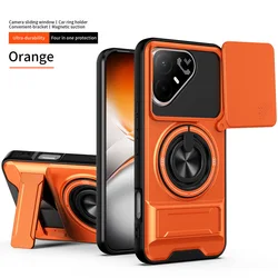 Enhanced Magnetic Ring Grip Car Holder Case with Push - Pull Protection and Lens Cover for Tecno Pova 8 Pro 5G (Orange)