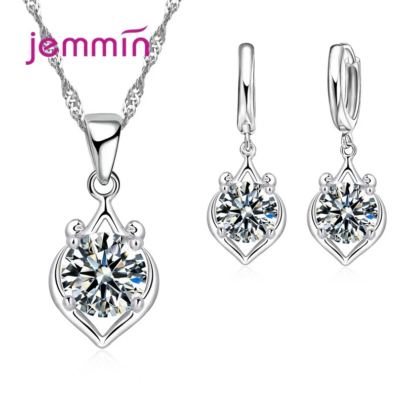 925 Sterling Silver Trendy Crystal Pendant Necklace Earrings Jewelry Set For Women Girls Wedding Engagement Fashion Jewelry jewelry set