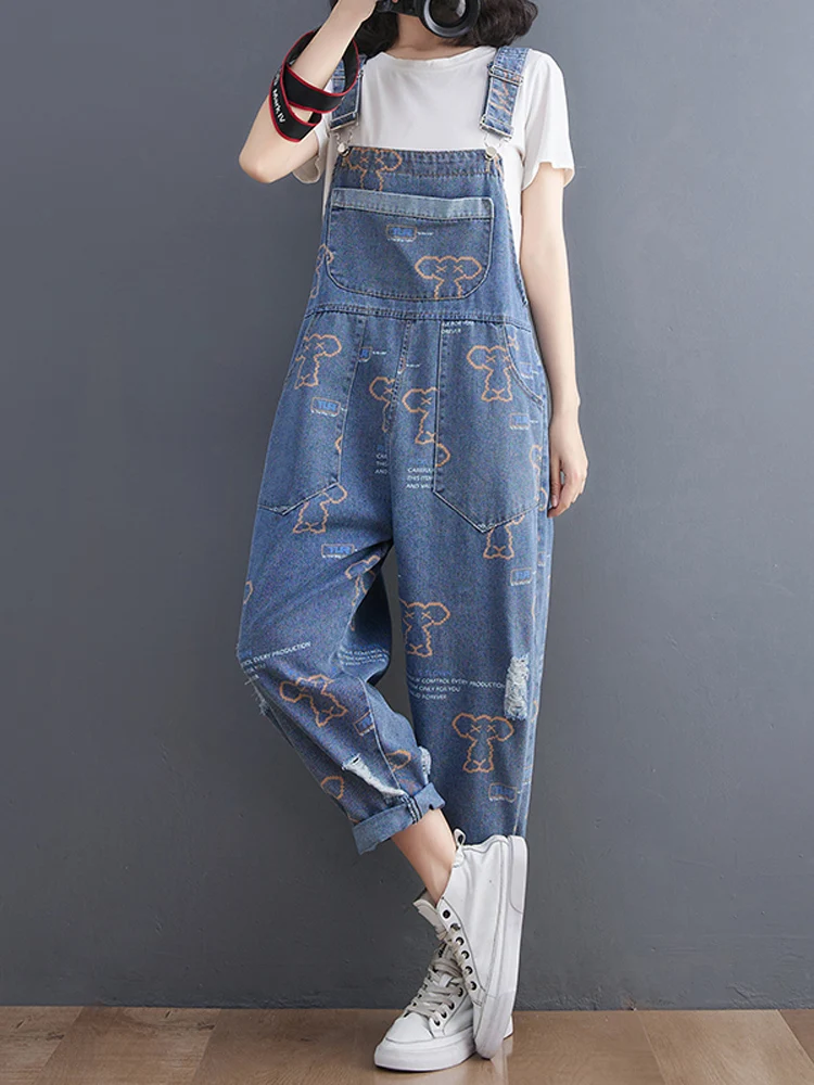 

2023 Spring Summer Loose Plus Size Women Denim Overalls Trousers Female Korean Fashion Cartoon Print Casual Women Jumpsuit Pants