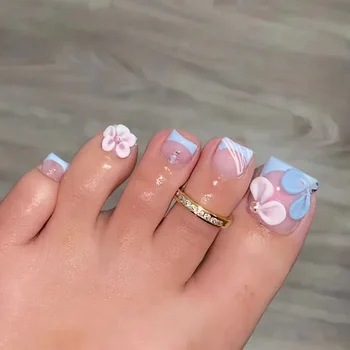 24pcs French Style Press On Toenails White Blue Petals Design False Toe Nails 2026 New Summer Fashion Fake Toenails Wearable