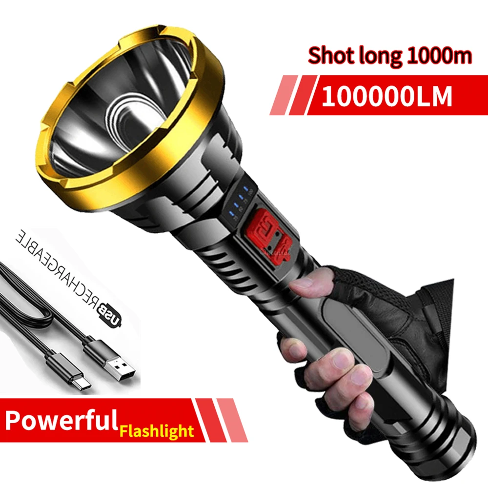 100000lm High Power Led Flashlights Rechargeable Light Powerful 1000m