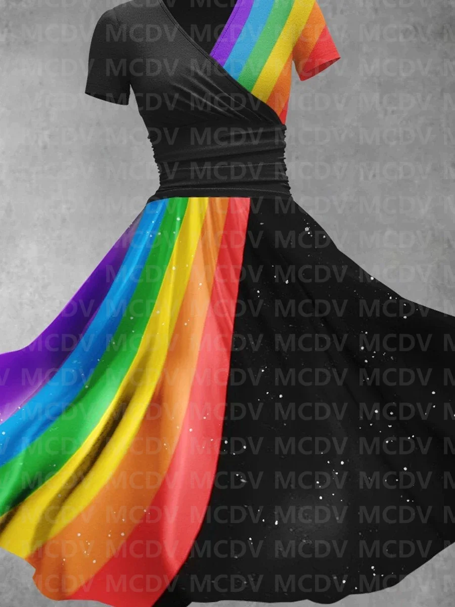 Women's Rainbow Collage Art Maxi Dress 3D Printed Sexy V-neck Dress Female Dresses