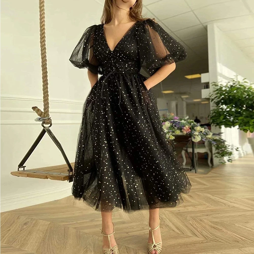 black prom dress Short Black Starry Tulle Prom Dresses Sparkly V-Neck Half Puff Sleeves Ruched Tea Length Wedding Party Dress purple prom dress