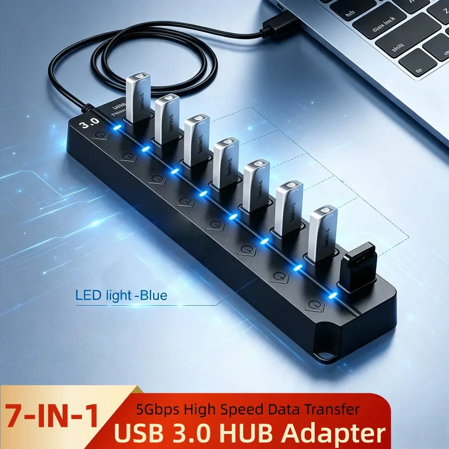 High-Speed 7-Port USB3.0 Hub with Individual Switches and LED Indicators