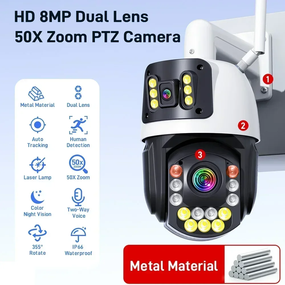 PEGATAH 8MP 4K HD 50X Zoom Wifi PTZ Camera Outdoor Dual Lens Dual Screen AI Auto Tracking Color Night Vision IP Camera iCSee