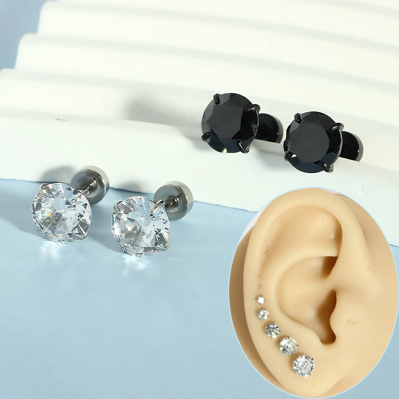 50pcs/lot Stainless Steel Crystal Flat Studs Women Men Bar Screw Back Tragus Round Clear Cubic Zirconia Piercing Earrings Jewelr