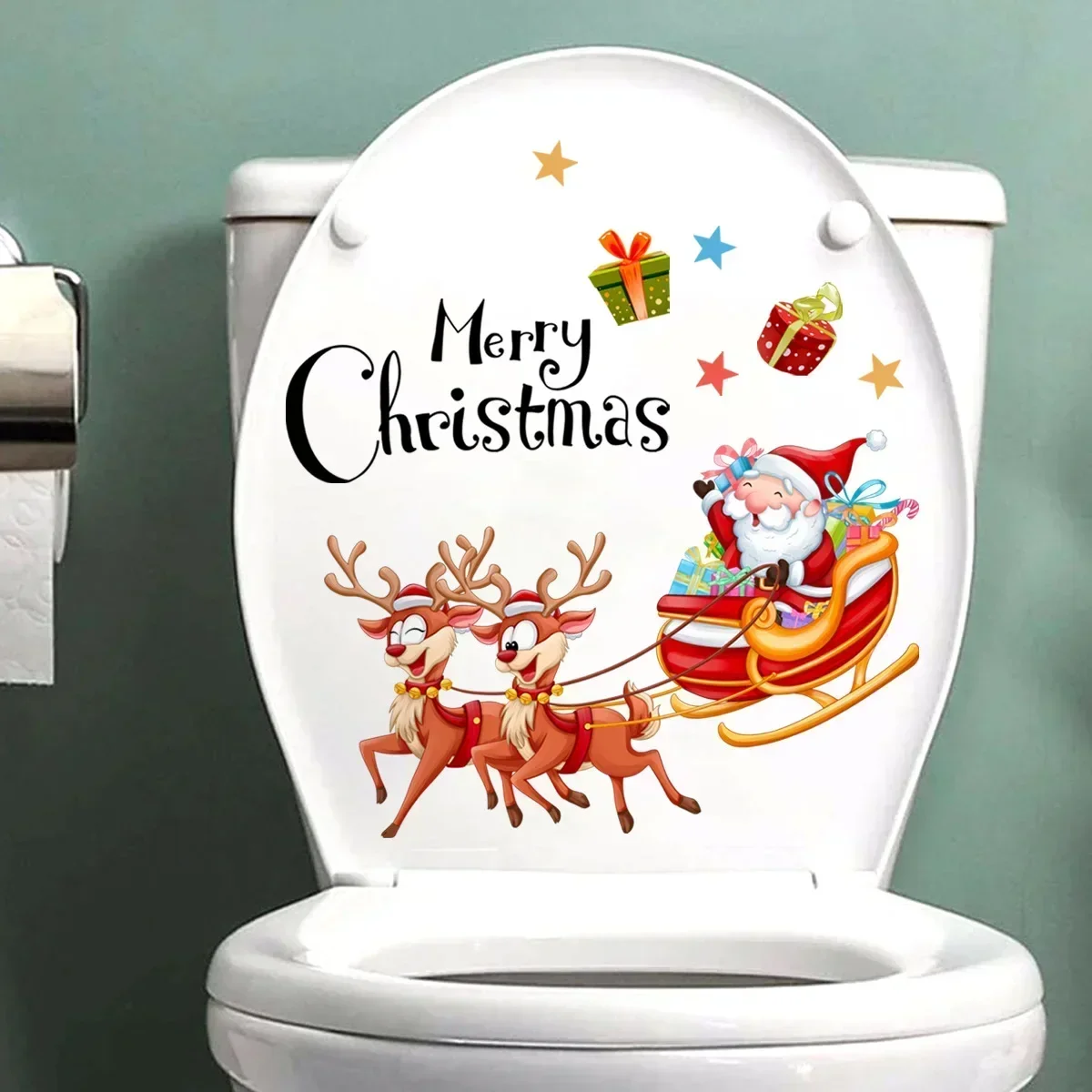 Christmas Decoration Toilet Stickers Cartoon Santa Claus Elk Toilet Cover Stickers Merry Christmas Stickers Happy New Year