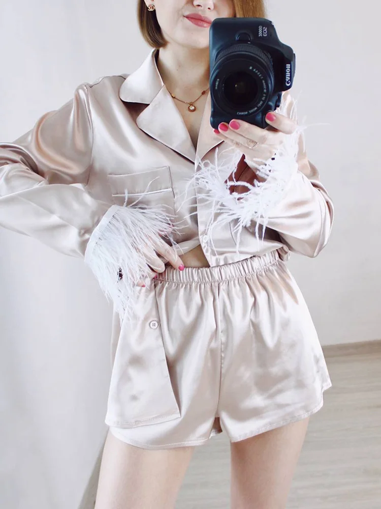 Pajamas For Women 2 Piece Set Feathers Long Sleeve Turn Down Collar Sleepwear Autumn Casual Night Suits With Shorts Satin women pajamas set