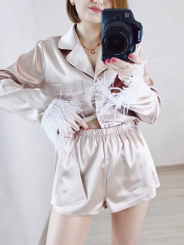 여성용 잠옷 2 종 세트, 깃털 긴 소매 턴다운 칼라 잠옷, 반바지 새틴 2022 포함, 가을 캐주얼 나이트 슈트 5