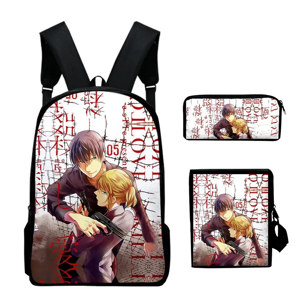 Harajuku Love of Kill 3D Print School Bags, mochila dos estudantes, mochila portátil, bolsa de ombro inclinado, estojo de lápis,