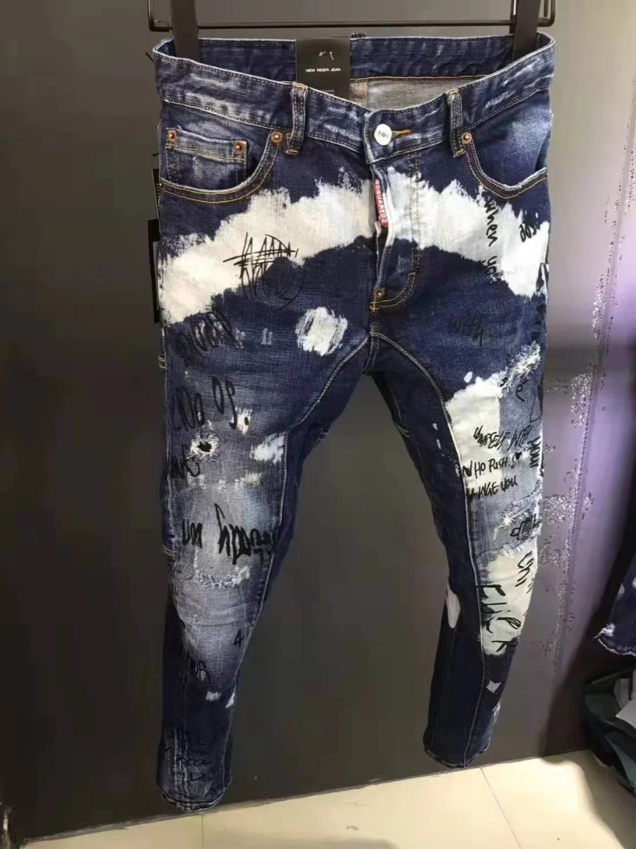 Spring Summer 2025 D2 Trendy Men's Distred Patch 3D Cutting fiti Print Slim Elastic Ankle Jeans Casual Busin Casual