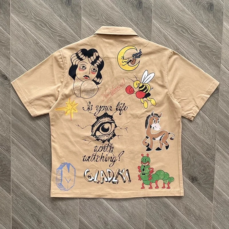 

23SS New Handdrawn Graffiti Short Sleeve Shirt Men Women Best Quality 2023ss Casual Shirts Tee Mon Compte