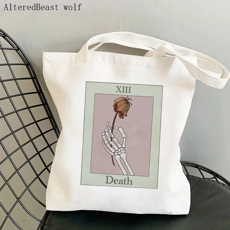 Women Shopper bag Death skull black and white Tarot Card Witchy Bag Harajuku magic Canvas Shopper Bag girl Shoulder Lady Bag