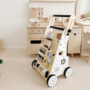Wooden Baby Walker Cart - Anti Rollover & O-Shaped Leg Design, Adjustable Multifunctional Learning Walking Toy for Toddlers 1