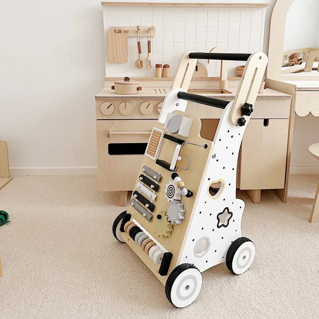 Wooden Baby Walker Cart - Anti Rollover & O-Shaped Leg Design, Adjustable Multifunctional Learning Walking Toy for Toddlers 1
