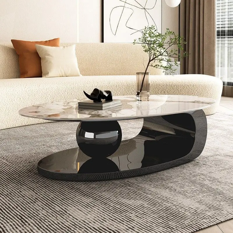 Contemporary Home Oval Gold Top Center Table Metal Living Room Furniture Modern Luxury Marble Slate Coffee Table