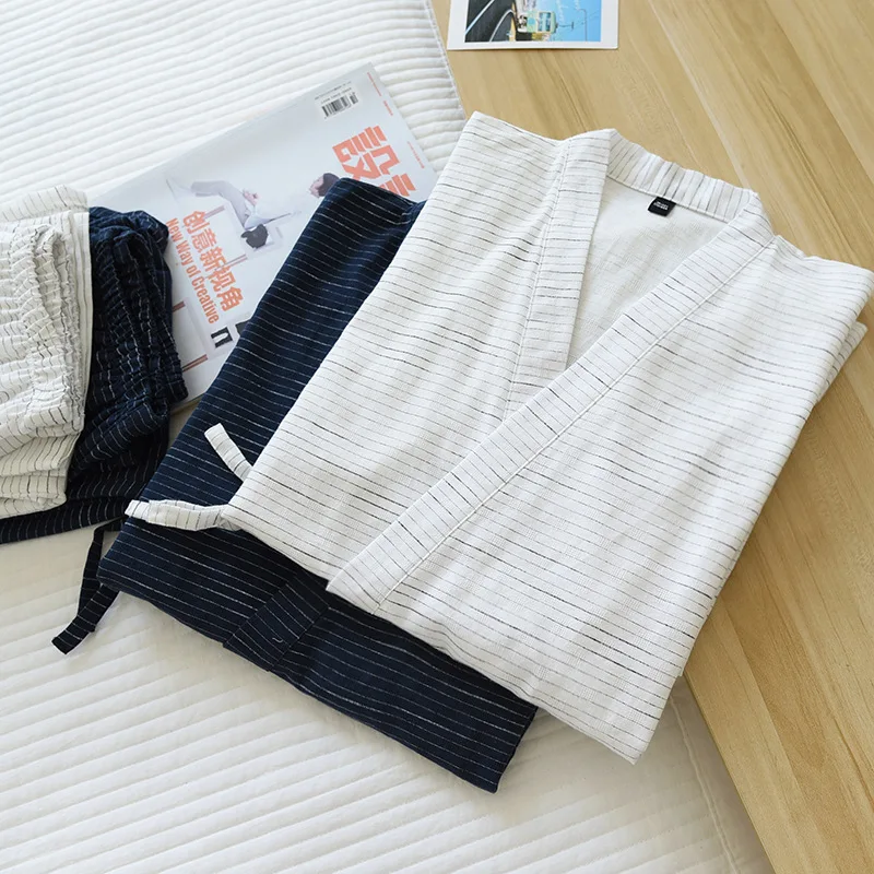 Men Japanese Kimono Pajamas Short Sleeved Shirt Trousers Set Cotton Loose Fit Summer