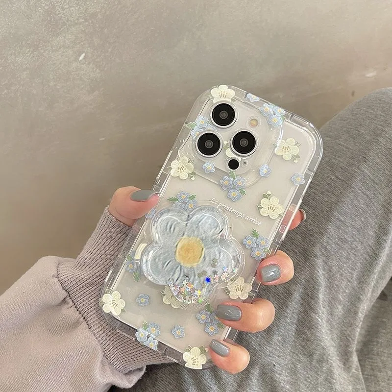 Floral Quicksand Phone Case with Stand - Cute and Soft Clear Cover