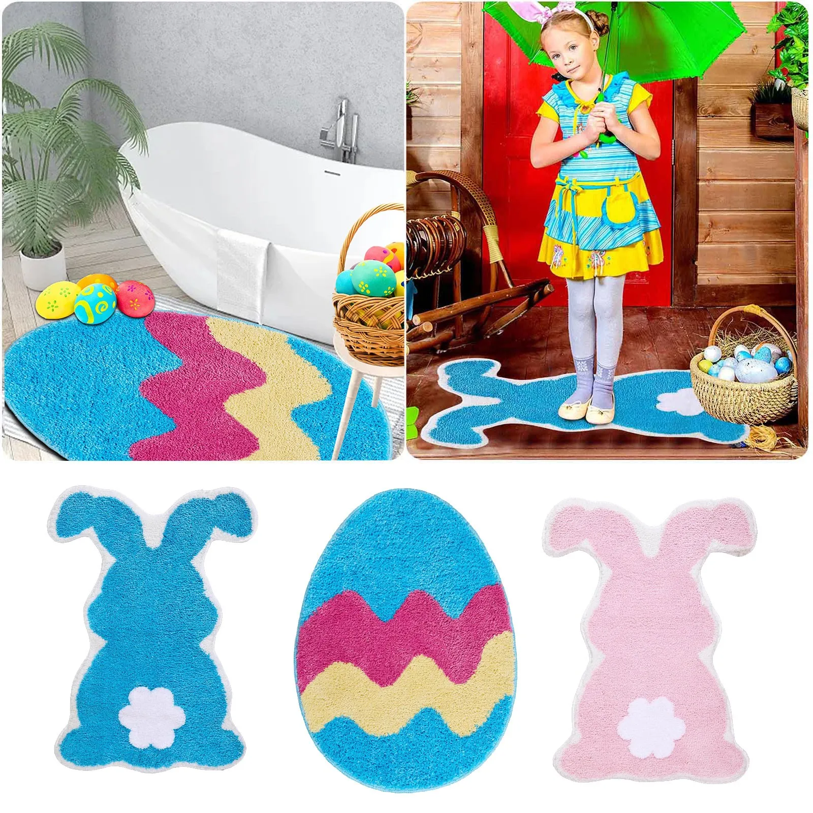 

Easter Bunny Egg Dirt Resistant Welcome Entrance Door Mat Outdoor Soft Kitchen Rug Non-Slip Floor Protector Clean Feet Absorbent