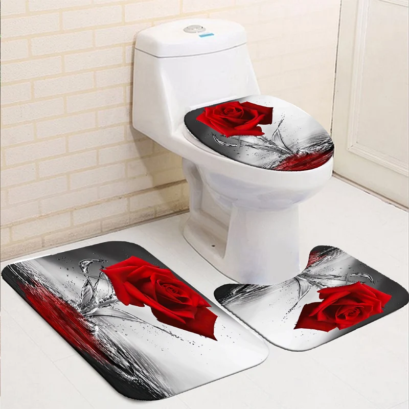 Rose Flower Shower Curtain Set Non-Slip Rugs Bath Mat Toilet Lid Cover and 12 Hooks Waterproof Polyester Bathroom Decor
