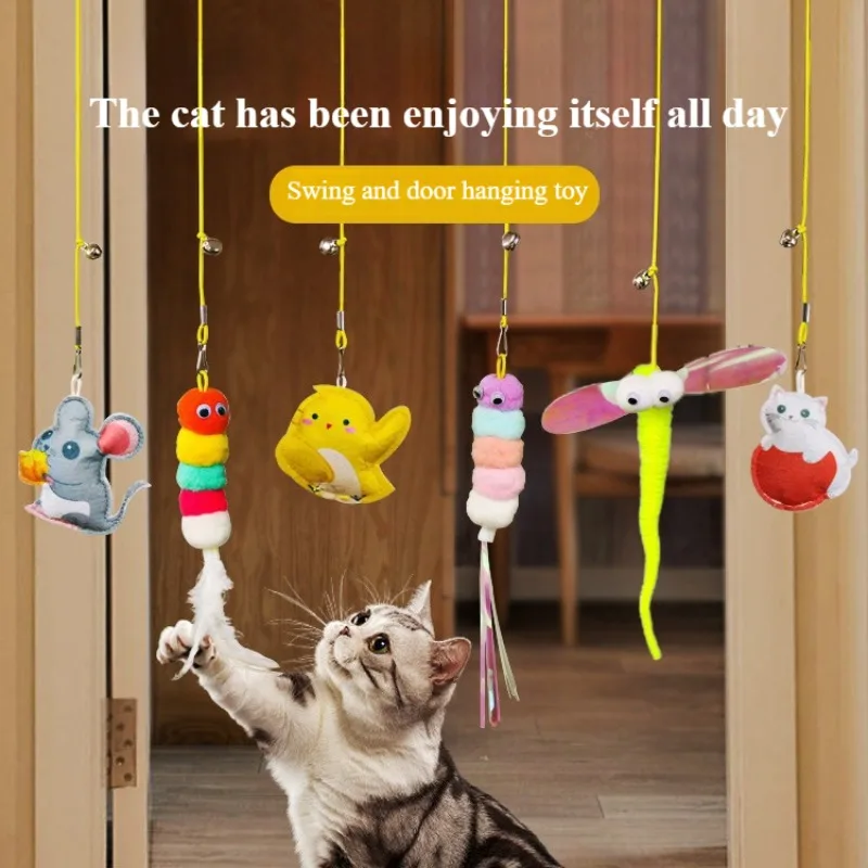 Cat Hanging Toy Independent Cat Teasing Elastic Rope Hanging Door Teasing Stick Feather Pet Stick