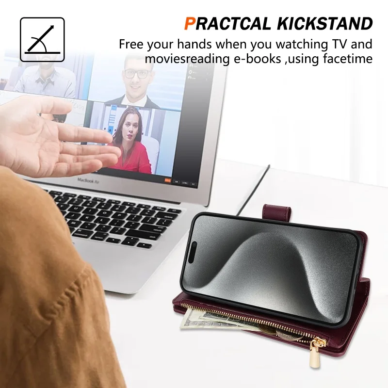 Compact Fragrance Leather Wallet Phone Case with Card Slots and Strap Cover