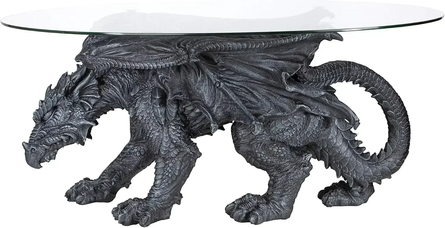 Gothic Decor Glass Topped Coffee Table, 39 Inch, Polyresin, Grey Stone Fashion