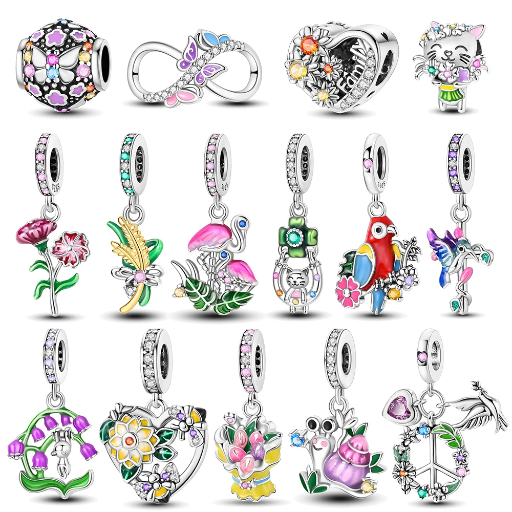 

925 Sterling Silver Lovely Animal Cat Snail Hedgehog Parrot Flower Charms Beads Fit Pandora Original Bracelets Fine DIY Jewelry