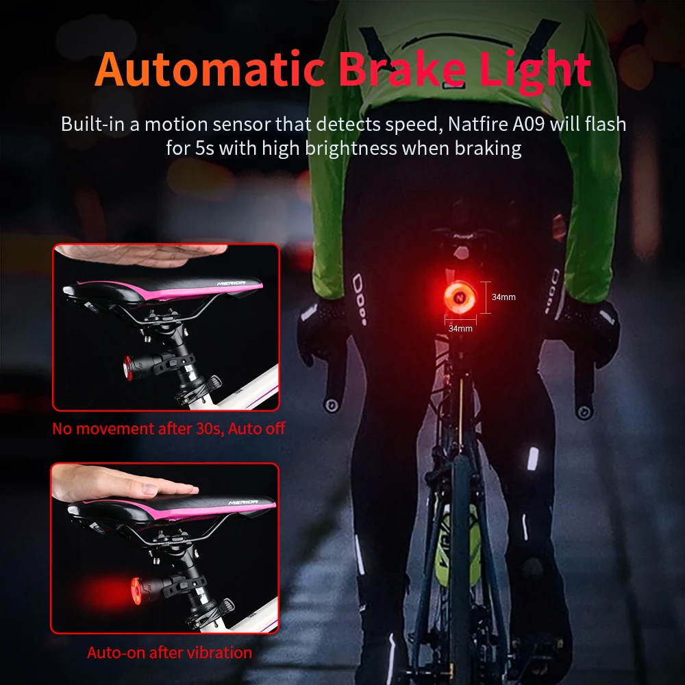 NATFIRE A09 Bicycle Smart Auto Brake Sensing Light USB C Charging LED Cycling Taillight Bike Rear Light Warn Bicycle Taillight 5