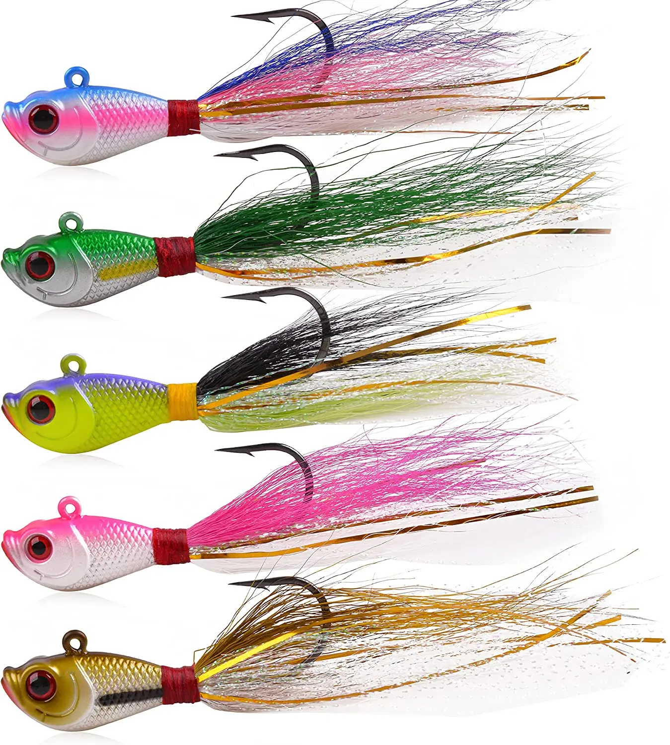 

3PCS Bucktail Hair Jigs Head Fishing Lure Baits Assorted Kit for Bass Striper Bluefish Surf Fishing 1/4oz 1/2oz 1oz 1.5oz 2oz