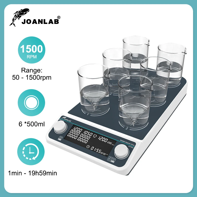 JOANLAB 멀티 스테이션 마그네틱 교반기, 디지털 디스플레이 실험실 장비, 6 개 스테이션, 1500rpm, 500ml * 6 MMS6Pro