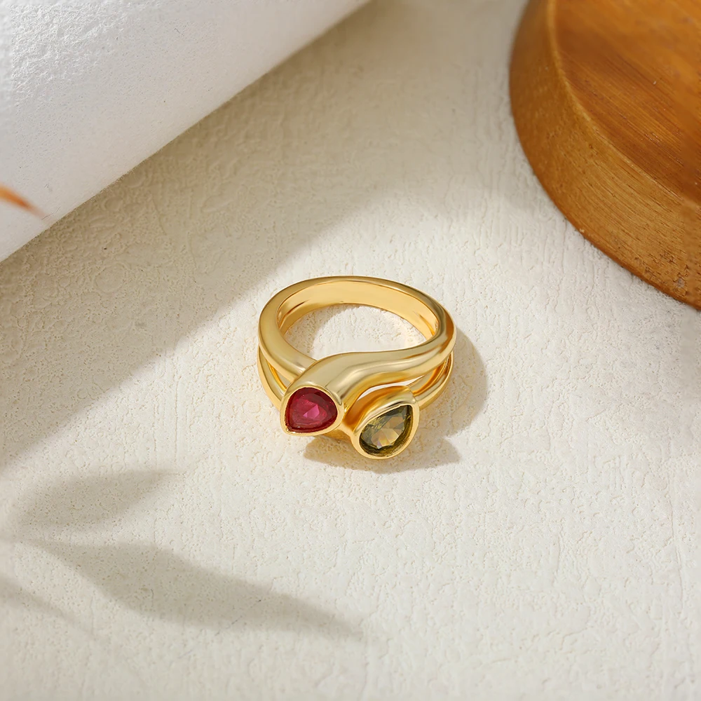Delicate Mini Water Droplet Crystal Double Circle Rings for Women Green Zircon 18K Gold Plated Bride Wedding Ring Chic Jewellery