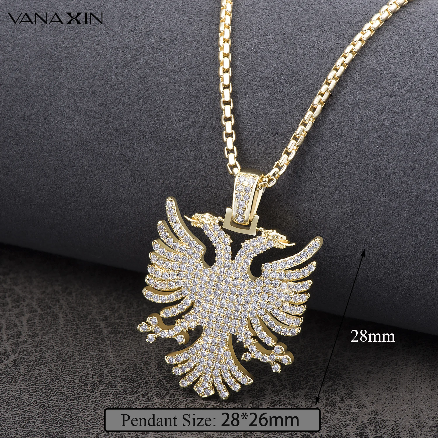 VANAXIN Iced Out Albanian Eagle Pendant  Hip Hop Necklace for Men 14k Gold Color CZ Zircon Folk  National Style Jewelry Gift 4