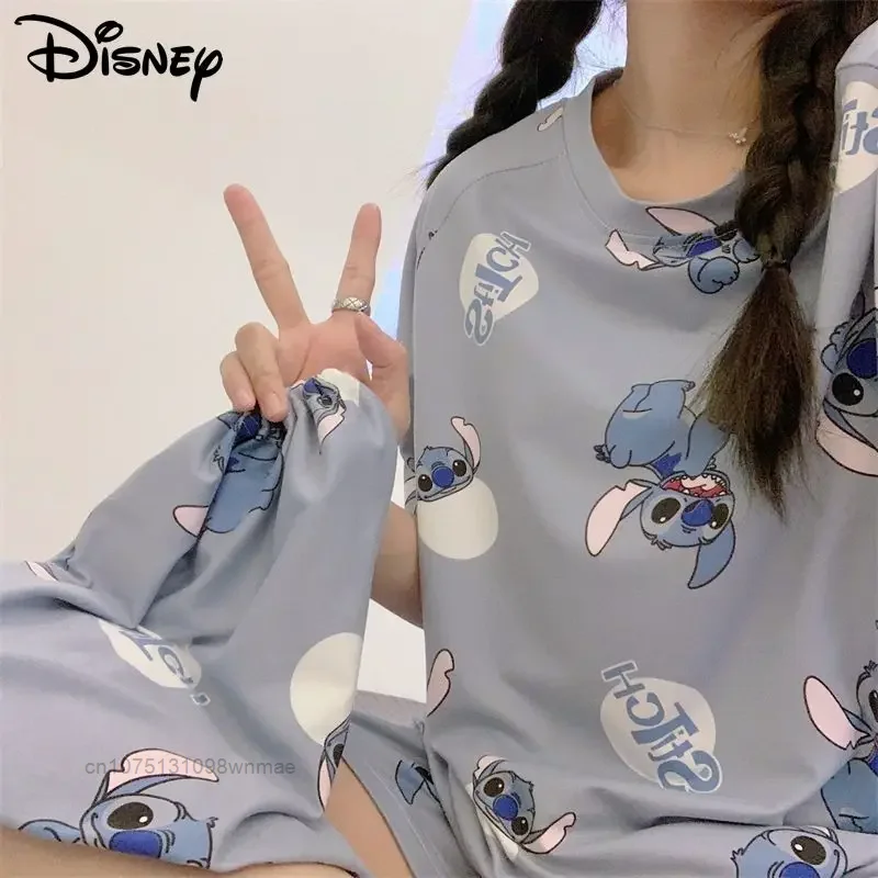 

Свободная повседневная короткая пижама из 2 предметов Disney Stitch, женские летние шорты с милыми мультяшными героями, домашний костюм для учеников школы и общежития