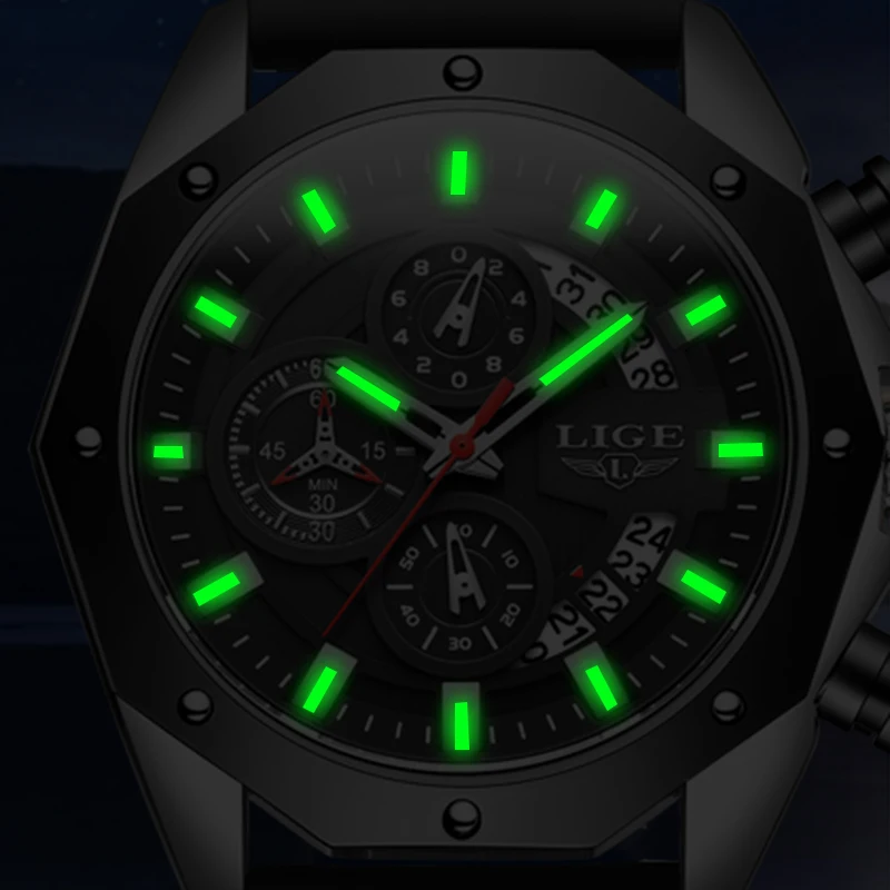 LIGE Brand Luxury Mens Watches Casual Quartz Watch Men Silicone Strap Military Chronograph 30M Waterproof Watch Montre Homme
