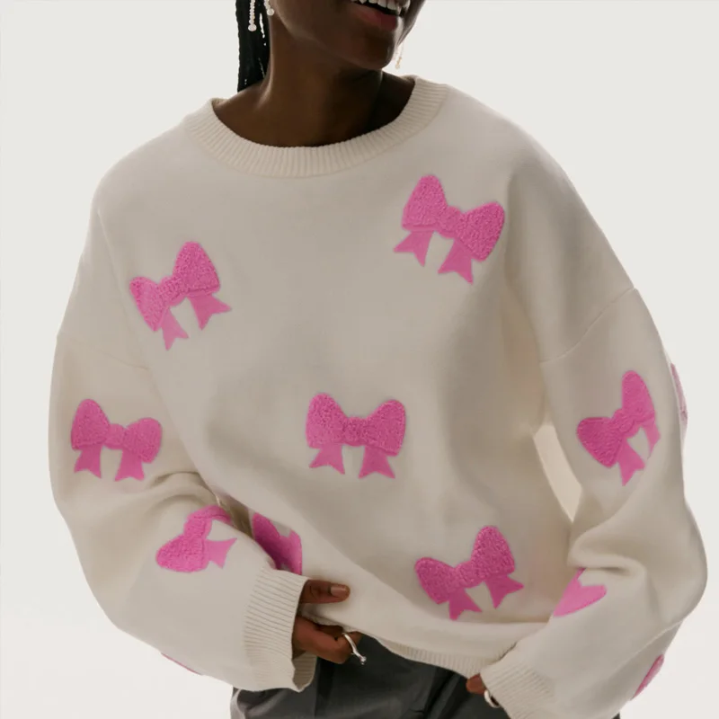 

Sweety Pink Bowknot Embroidered Sweater Women Casual Round Neck Office Top Pullover New Fall Winter Long Sleeve Loose Sweatshirt